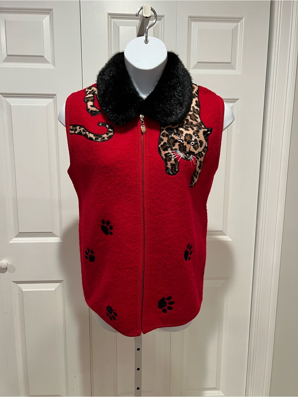 Lisa International Red Leopard Appliqué Vest with Black Faux Fur Collar